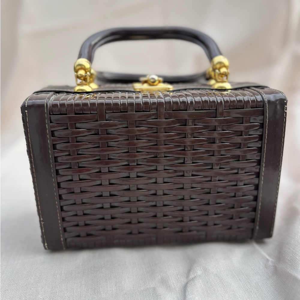 Vintage Wicker Dark Brown Handbag with Gold Hardware